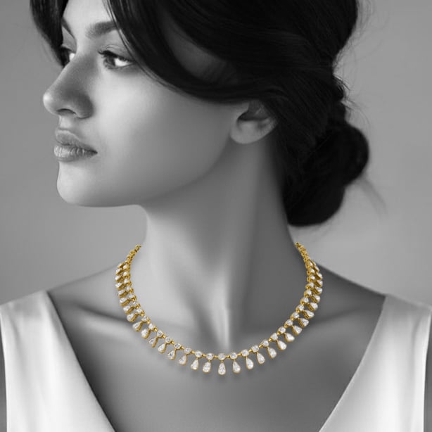 Polki Necklace with Cascading Pear-Shaped Drops in Open Setting